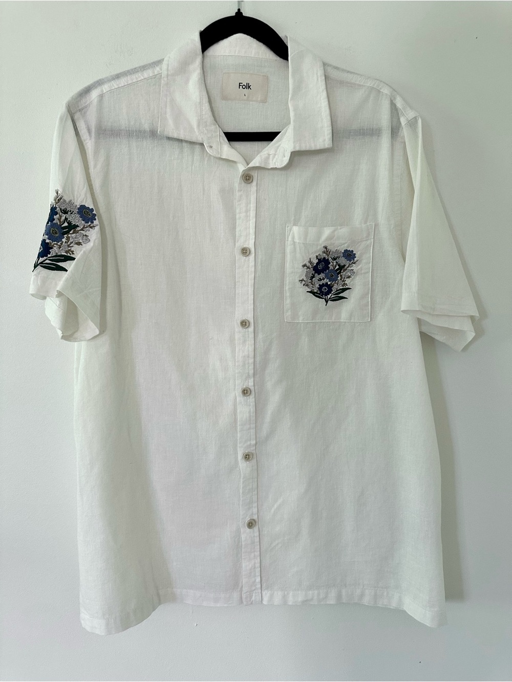 FOLK Cotton Linen Ecru Short Sleeve Button Down Embroidered Design Britain SZ L